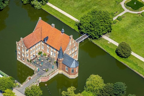 Aerial view, Burg Hülshoff, Museum in honour of the poet Annette von Droste-Hülshoff, Havixbeck,