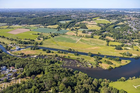 Aerial view, river Ruhr, lock canal, waterworks Stiepel, lock house, Stiepel, Bochum, Ruhr area,