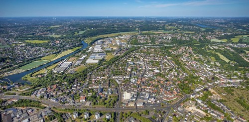 Aerial view, river Ruhr, city centre, old town, district Welper, industrial park and landscape park