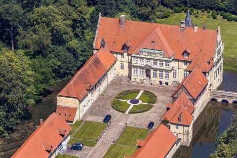 Aerial view, Havixbeck Castle, moated castle, Havixbeck, Münsterland, North Rhine-Westphalia,
