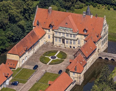 Aerial view, Havixbeck Castle, moated castle, Havixbeck, Münsterland, North Rhine-Westphalia,