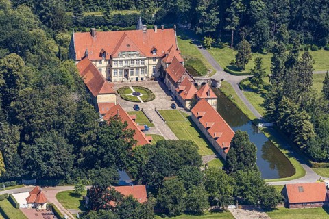 Aerial view, Havixbeck Castle, moated castle, Havixbeck, Münsterland, North Rhine-Westphalia,