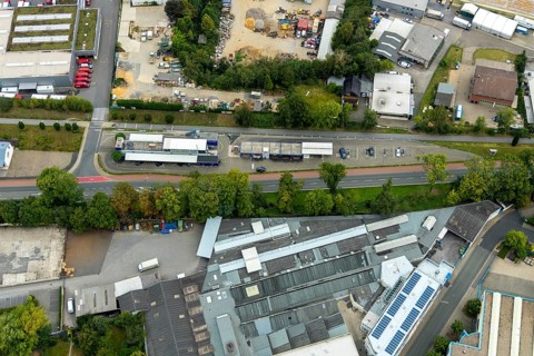 Aerial view, panoramic cycle path, R&M Car-Wash Centre, Westfalenstraße, Heiligenhaus, Ruhr area,