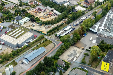 Aerial view, panoramic cycle path, R&M Car-Wash Centre, Westfalenstraße, Heiligenhaus, Ruhr area,
