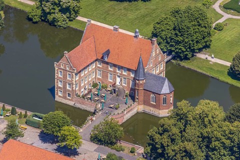 Aerial view, Burg Hülshoff, Museum in honour of the poet Annette von Droste-Hülshoff, Havixbeck,
