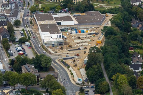 Aerial view, construction site new building at Hefelmann-Park, shopping centre, Westfalenstraße,