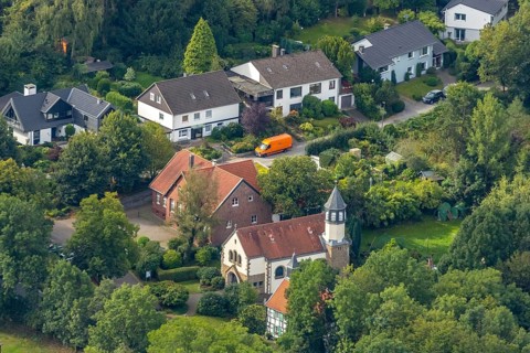 Aerial view, Chapel St. Jakobus Abtsküche, Museum Abtsküche, Heiligenhaus, Ruhr area, North