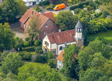 Aerial view, Chapel St. Jakobus Abtsküche, Museum Abtsküche, Heiligenhaus, Ruhr area, North