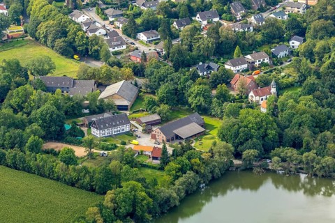 Aerial view, Chapel St. Jakobus Abtsküche, Museum Abtsküche, Heiligenhaus, Ruhr area, North