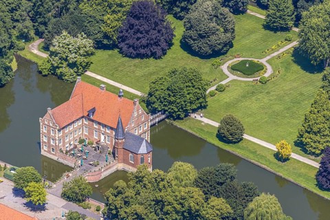 Aerial view, Burg Hülshoff, Museum in honour of the poet Annette von Droste-Hülshoff, Havixbeck,