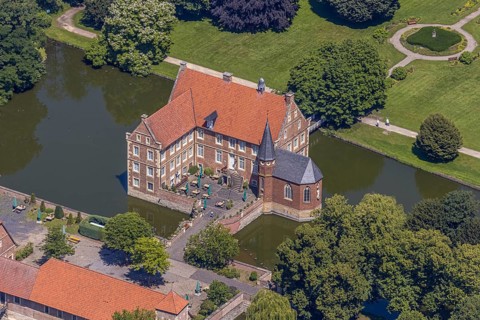 Aerial view, Burg Hülshoff, Museum in honour of the poet Annette von Droste-Hülshoff, Havixbeck,