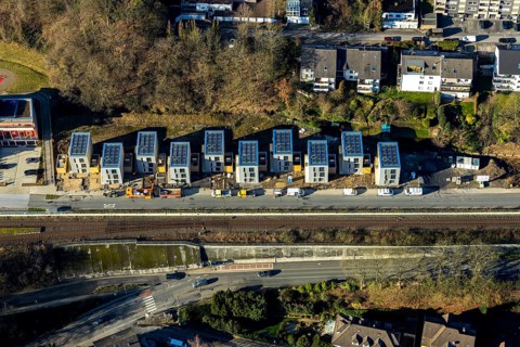 Aerial view, new development area residential estate Walter-Freitag-Straße, at Herdecke railway