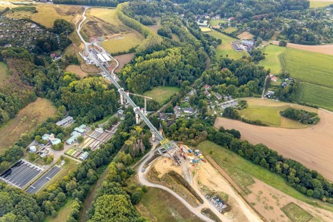 Aerial view, construction site, new construction bridge Angerbach, sewage treatment plant Angertal,