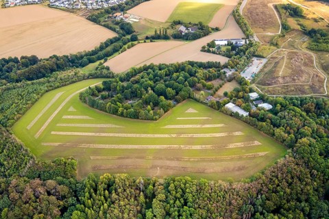 Aerial view, green area at Friedhofsallee, construction site new motorway A44, Städt. Cemetery,