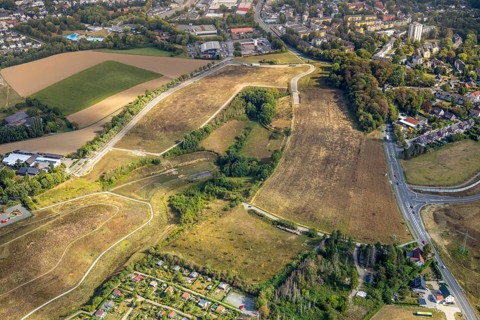 Aerial view, green area at Friedhofsallee, construction site new motorway A44, Ratinger Straße,