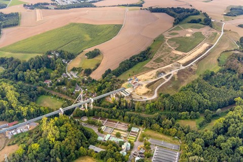 Aerial view, construction site, new construction bridge Angerbach, sewage treatment plant Angertal,