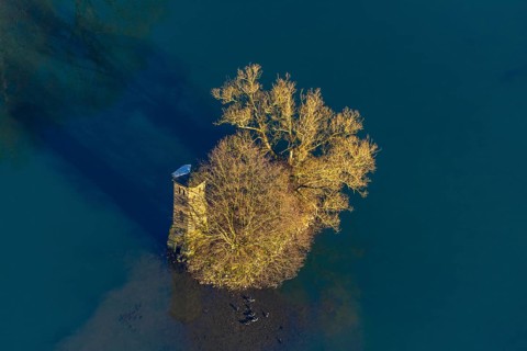 Aerial view, mouse tower on an island in the Hengsteysee, Hengstey, Herdecke, Ruhr area, North