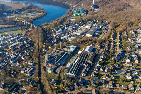 Aerial view, Ruhr river, Ruhr viaduct, commercial area, Dörkengroup, Herdecke, Ruhr area, North