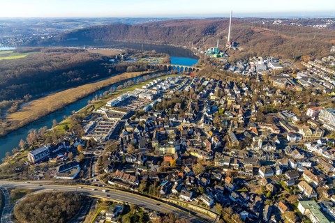 Aerial view, Ruhr river, Ruhr-Aue district, local view Herdecke, Ruhr viaduct, Herdecke, Ruhr area,