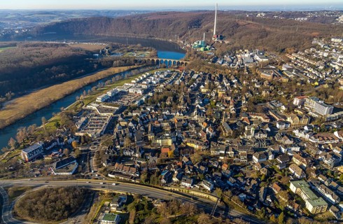 Aerial view, Ruhr river, Ruhr-Aue district, local view Herdecke, Ruhr viaduct, Herdecke, Ruhr area,