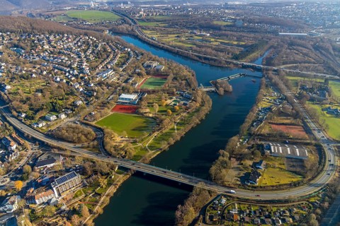 Aerial view, town view, river Ruhr, Ruhr bridge Herdecke, dam Stiftsmühle, Herdecke, Ruhr area,