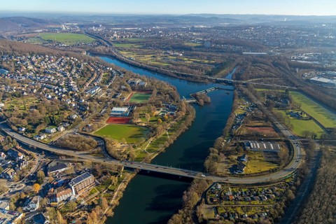 Aerial view, town view, river Ruhr, Ruhr bridge Herdecke, dam Stiftsmühle, Herdecke, Ruhr area,