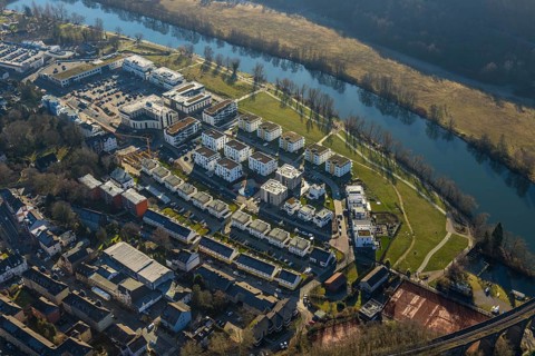 Aerial view, Ruhr-Aue district, Ruhr promenade, Ruhr river, Herdecke, Ruhr area, North