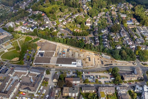 Aerial view, construction site new building at Hefelmann-Park, shopping centre, Westfalenstraße,