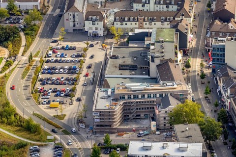 Aerial view, construction site shopping centre Basildonplatz, Heiligenhaus, Ruhr area, North