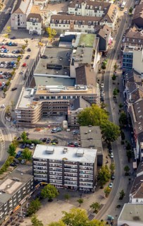 Aerial view, construction site shopping centre Basildonplatz, Heiligenhaus, Ruhr area, North