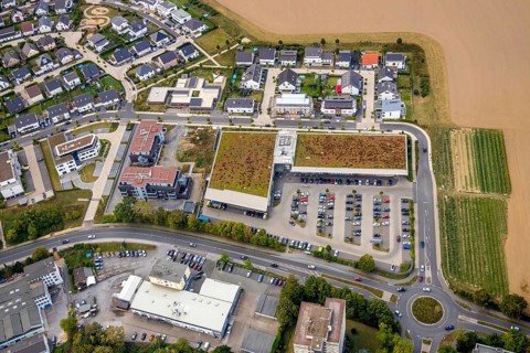 Aerial view, commercial area Höseler Straße, Rügenstraße, residential area Hunsrückstraße,