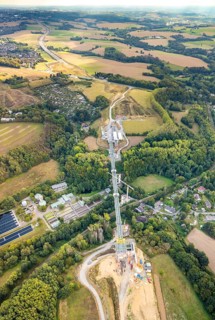 Aerial view, construction site, new construction bridge Angerbach, sewage treatment plant Angertal,