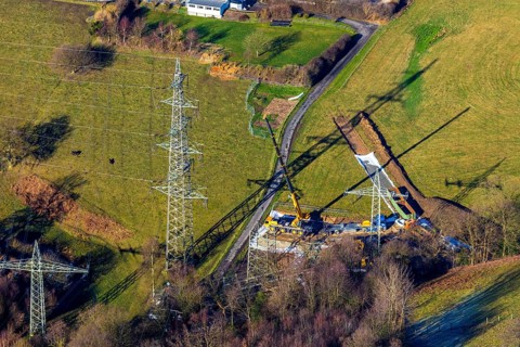 Aerial view, construction site In der Erdbrügge, new high-voltage pylons, In der Erdbrügge,
