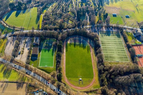 Aerial view, sports facility Herdecke Ende, new small playing field, Ende, Herdecke, Ruhr area,