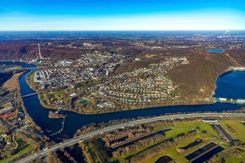 Aerial view, town view, Ruhr river, Ruhr viaduct, Stiftsmühle dam, Herdecke, Ruhr area, North
