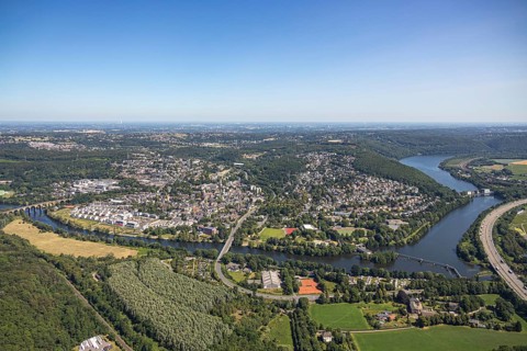 Aerial view, townscape, Quartier Ruhr-Aue Center, river Ruhr, Ruhr-Viaduct, dam Stiftsmühle, sports