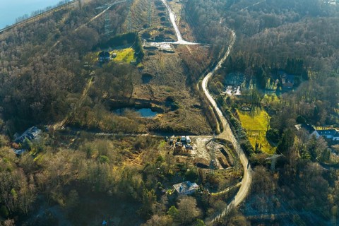 Aerial view, construction site Im Kleff, high-voltage road at the reservoir, end, Herdecke, Ruhr