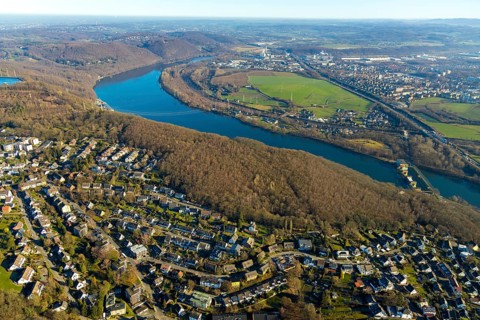 Aerial view, local view, river Ruhr, Hengsteysee, run-of-river power station Hengstey, Herdecke,