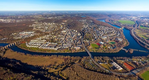 Aerial view, townscape, Ruhr river, Ruhr viaduct, Stiftsmühle dam, Herdecke, Ruhr area, North