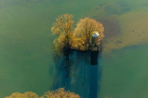 Aerial view, mouse tower on an island in the Hengsteysee, Hengstey, Herdecke, Ruhr area, North