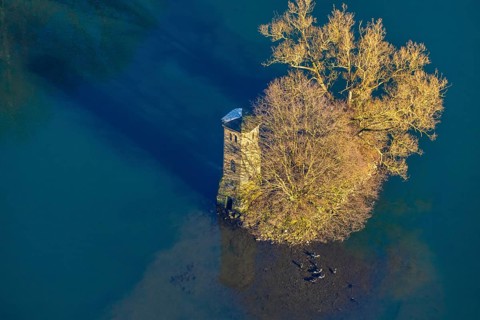 Aerial view, mouse tower on an island in the Hengsteysee, Hengstey, Herdecke, Ruhr area, North