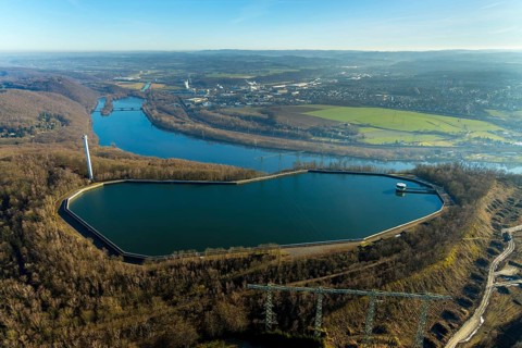 Aerial view, river Ruhr, pumped storage power station, Köpchenwerk, storage basin, Herdecke, Ruhr
