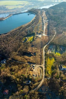 Aerial view, river Ruhr, reservoir, construction site Im Kleff, high voltage road at the reservoir,