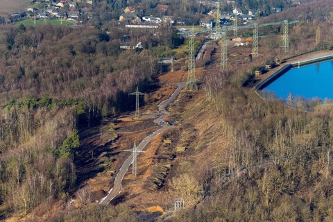 Aerial view, river Ruhr, reservoir, construction site Im Kleff, high voltage road at the reservoir,