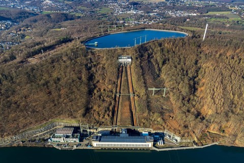 Aerial view, river Ruhr, pumped storage power station, Köpchenwerk, storage basin, Herdecke, Ruhr