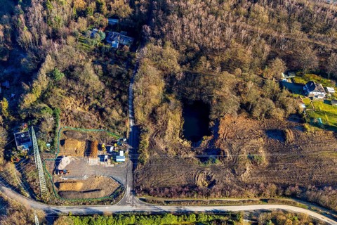 Aerial view, construction site Im Kleff, high-voltage road at the reservoir, end, Herdecke, Ruhr