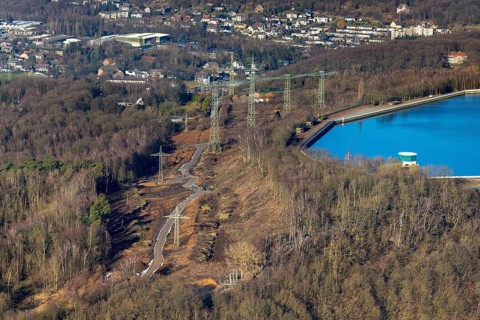 Aerial view, river Ruhr, reservoir, construction site Im Kleff, high voltage road at the reservoir,