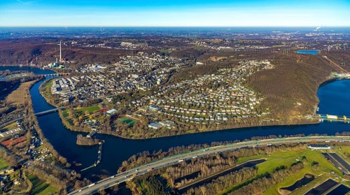 Aerial view, town view, Ruhr river, Ruhr viaduct, Stiftsmühle dam, Herdecke, Ruhr area, North