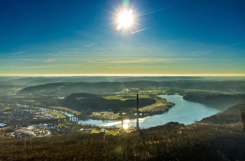 Aerial view, landscape panorama, Harkortsee, river Ruhr, view to Hagen-Vorhalle, Herdecke, Ruhr