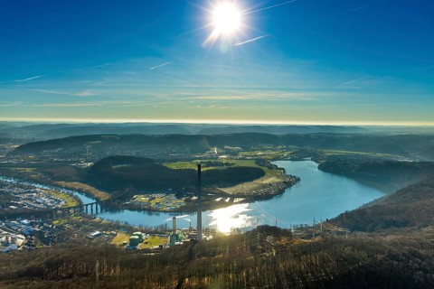 Aerial view, landscape panorama, Harkortsee, river Ruhr, view to Hagen-Vorhalle, Herdecke, Ruhr